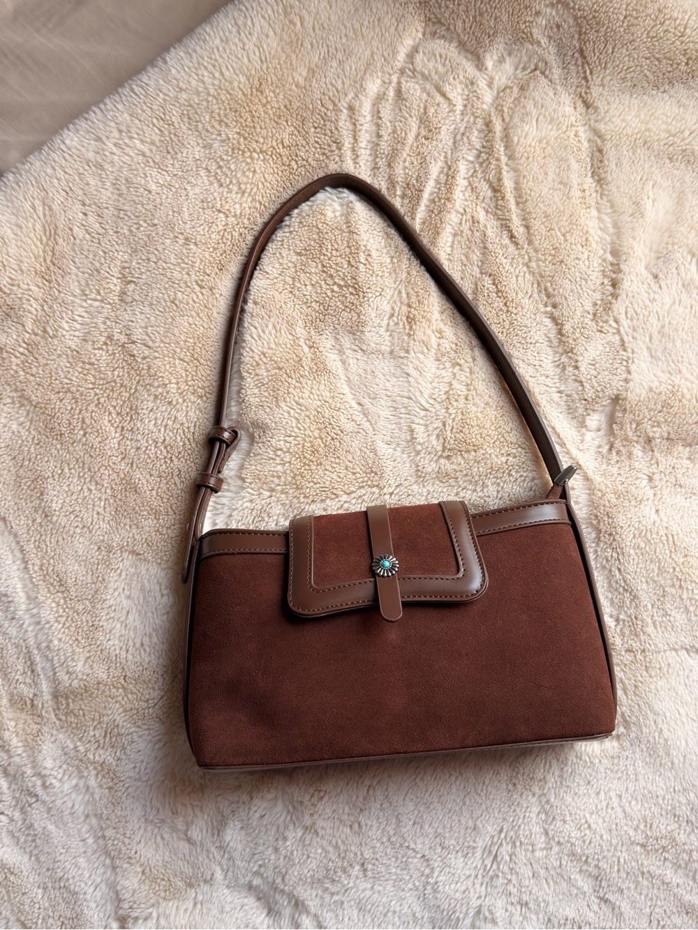 RACHEL ZOE Brown Suede Shoulder Bag with Turquoise Accent